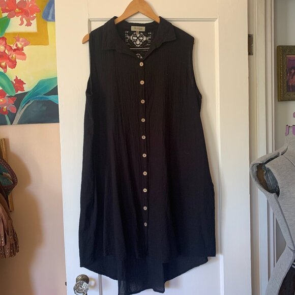 Women's Button Down Midi Dress Black XL Coconut Buttons Lace Insert large Pocket - Picture 1 of 6